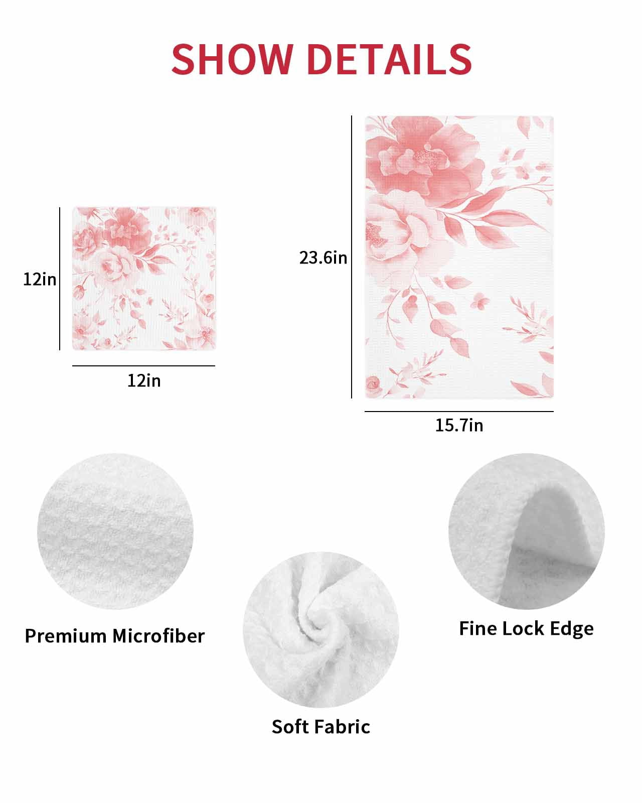Pink Floral Art Kitchen Dish Towels for Drying Dishes Set of 4, Watercolor Botanical Spring Flowers Waffle Weave Microfiber Terry Hand Tea Bathroom Towels Quick Dry & Absorbent Towel 15.7x23.6