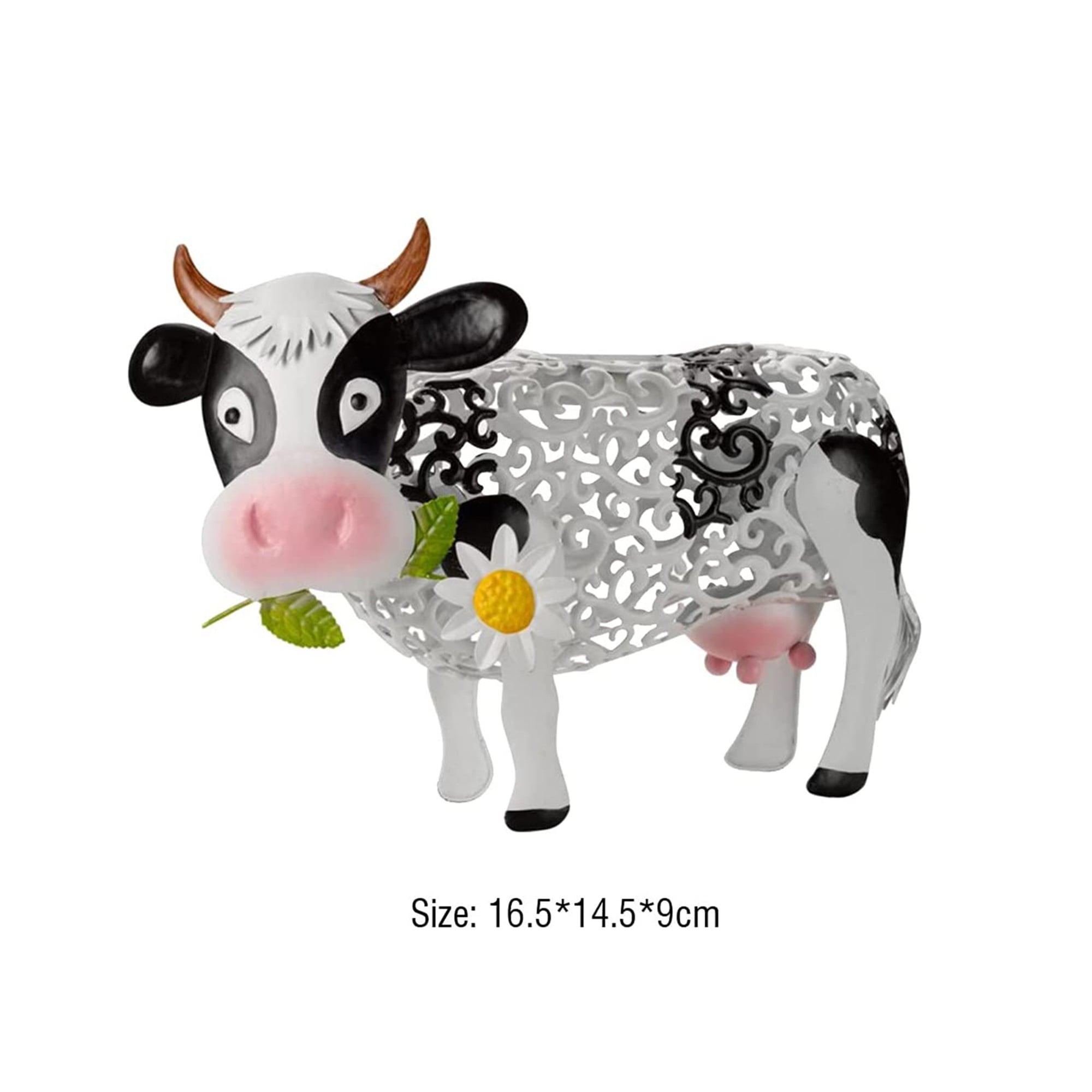 Daisy Cow Garden Statue with Solar Lamp Floral Hollow Out Dairy Cow Shaped  Resin Waterproof Outdoor Garden Decor Ornament