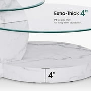 LUFTUT Modern Glass Coffee Table, 3-Tier 42 Round Tempered Glass, White Marble-Look MDF Base, Coffee Table with Storage for Living Room, Easy Assembly