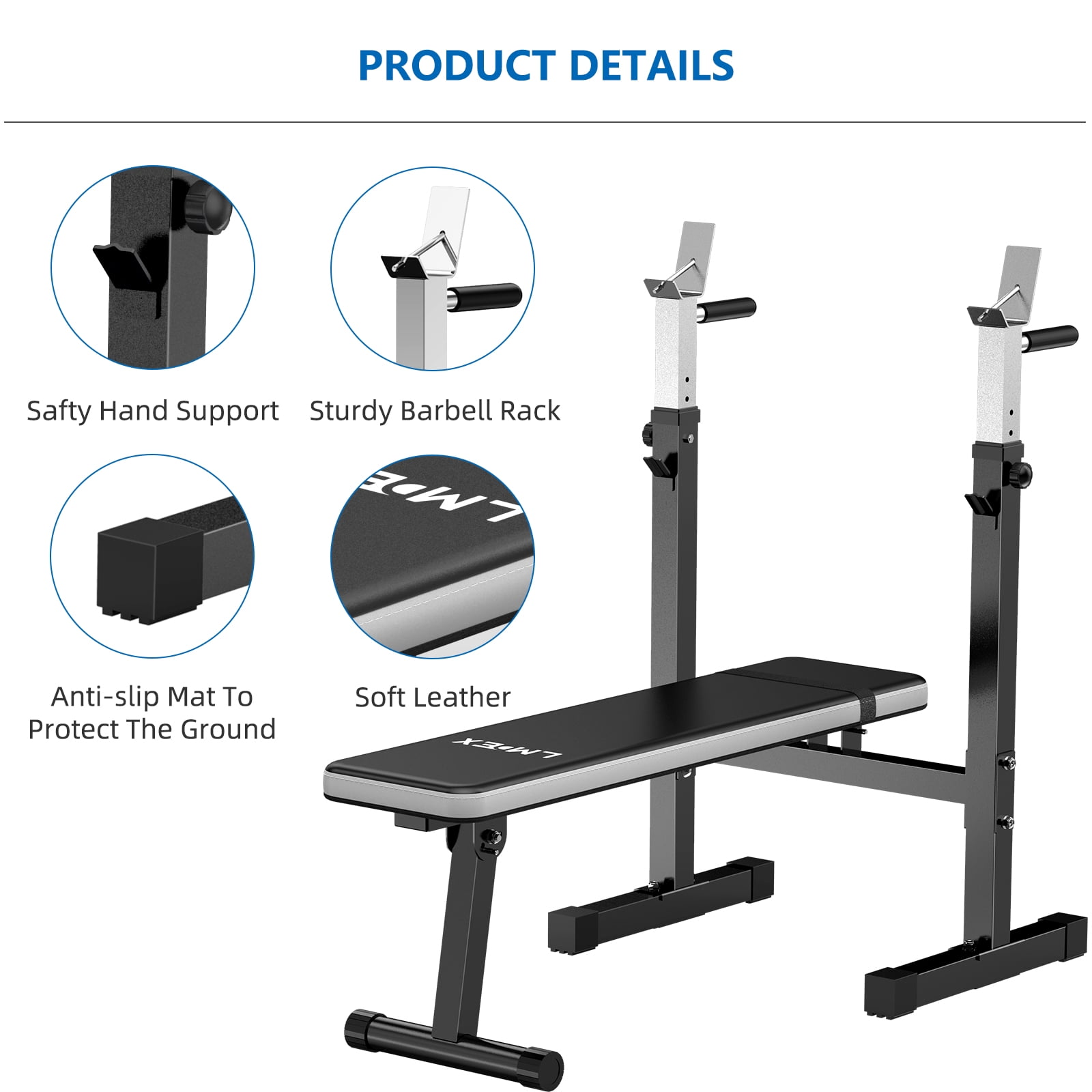 Lmdex Adjustable Weight Bench Press with Squat Rack & Folding Dip Station, Complete Home Gym Set with 150lbs Weight Plates and Olympic Curl Bar for Full Body Strength Training (Grey）