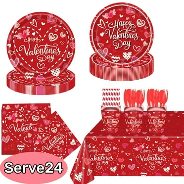 Valentine's Day Paper Plates Valentine's Day Party Supplies Disposable Paper Plates and Napkins Valentine's Day Dinnerware Set 24 Guests Red