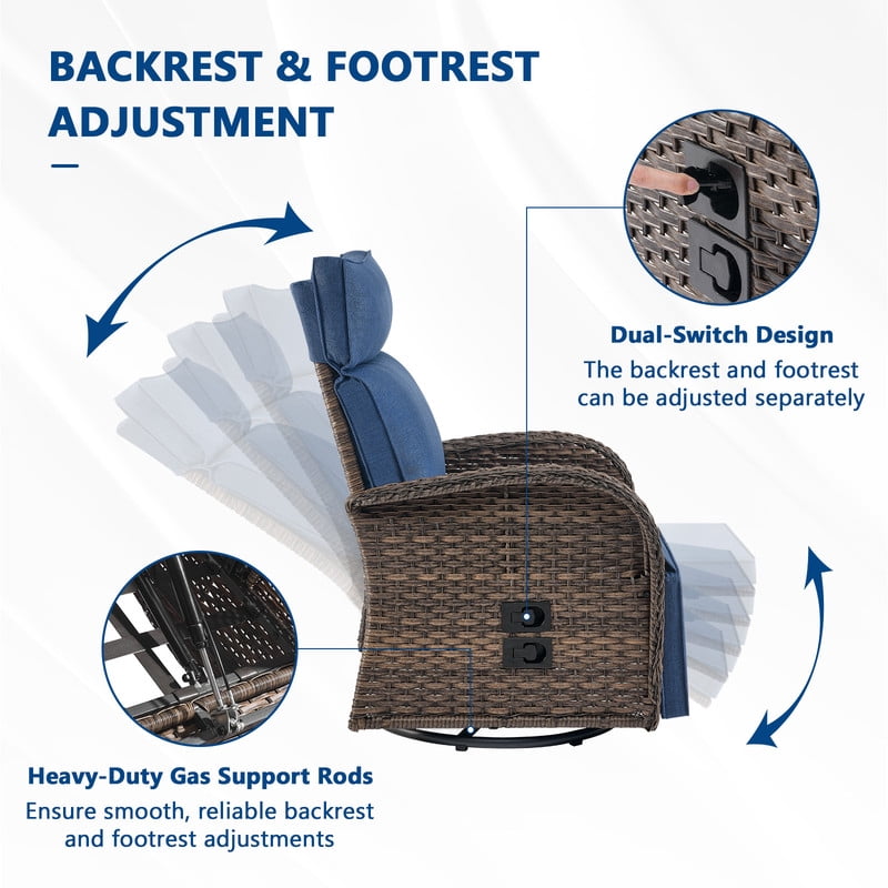 3-Piece Patio Swivel Recliner Chairs with Side Table, Outdoor Wicker Reclining Lounge Chairs with Adjustable Back and Footrest, Rattan Outdoor Furniture Set with Blue Cushions