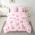 thumbnail image 2 of Manfei Cute Fashion Ribbon Bedding Comforter Set 7pcs for Girl, Fashion Pink Stripes King Bedding Sets, Cartoon Love Heart Reversible Bed Sheets, Microfiber Bedroom Decor, 2 of 7