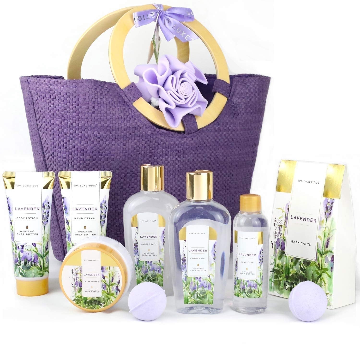 Spa Luxetique Bath Gift Sets for Women Lavender Self Body Care Baskets - 10 Pcs Home Spa Relaxing Birthday Gifts for Her with Tote Bag