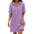 thumbnail image 2 of QUNYINEY Short Sleeve Dresses for Women Midi Summer Faux Cotton Linen Shirt Dress Solid Loose Fit Collared Button with Pockets Dresses, 2 of 6