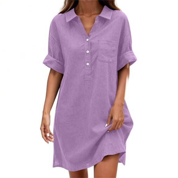 Atogsazn Women's V Neck Button Linen Dress Casual Short Sleeve Shirts Dresses Flowy Loose A-Line Sundress Purple L Fashion