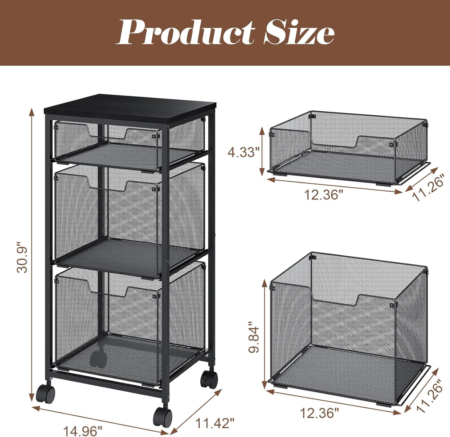 X-COSRACK 3-Drawer Mobile File Cabinet with Mesh Drawers, Wood Top Rolling Printer Stand for Home Office, Letter Size Hanging File Folder Organizer Cart on Lockable Wheels, Black