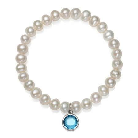 8' Cultured Pearl Bracelet - Cultured Freshwater Pearl and December Birthstone CZ Charm Stretch Bracelet, 7.5