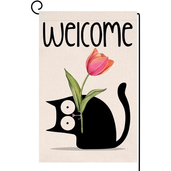 Spring Cat Tulip Garden Flag 12x18 Vertical Double Sided Welcome Easter Farmhouse Holiday Outside Decorations Burlap Yard Flag BW767