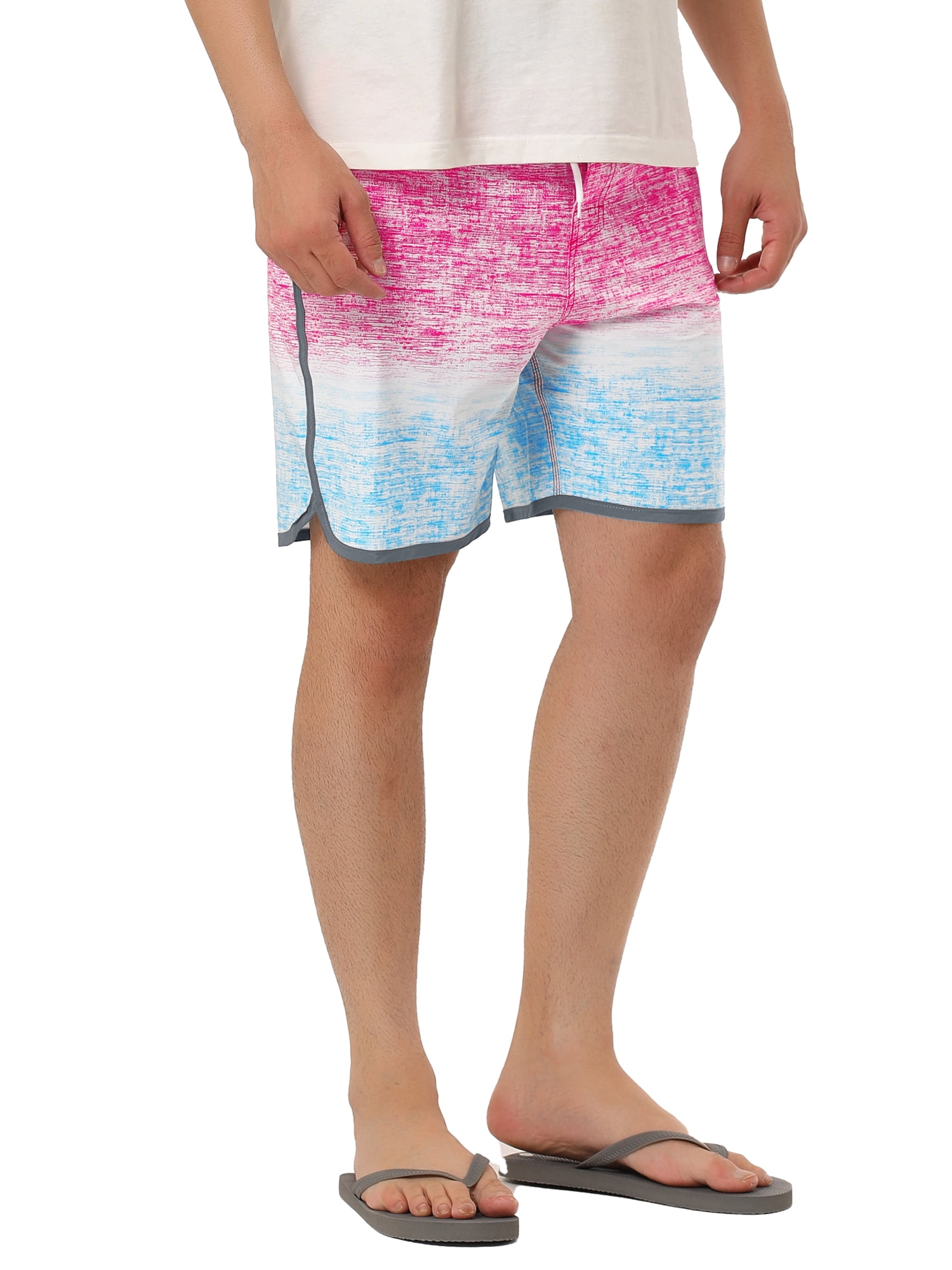 Unique Bargains Men's Summer Printed Drawstring Color Block Swim Beach Shorts 32 Pink Blue