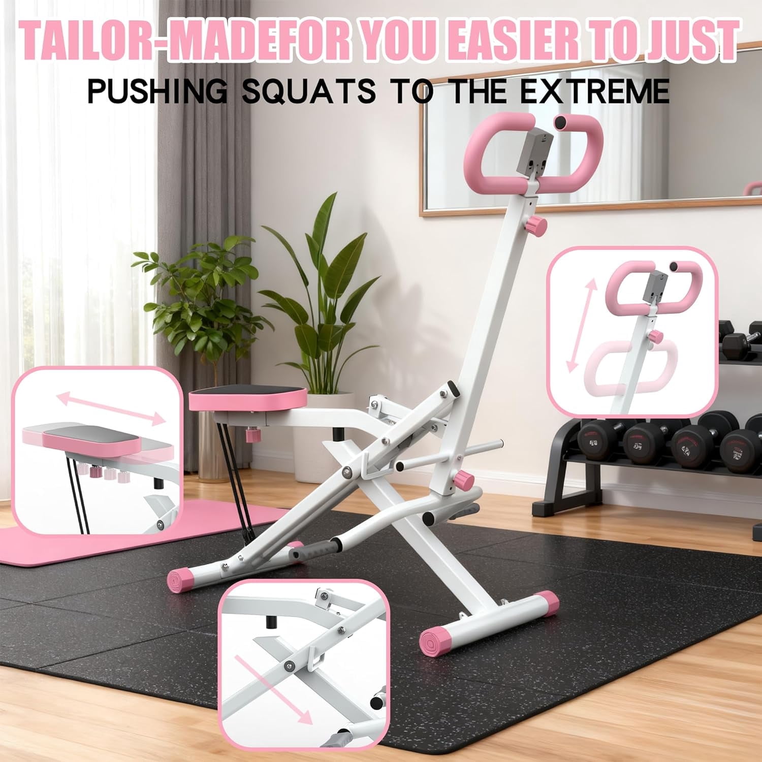 Zateety Squat Machine for Home, Assist Trainer for Glutes Workout Foldable with Resistance Bands, for Botty Glutes Butt Thighs, Ab Back/Leg Press Hip Thrust for Home Gym Fitness-Pink