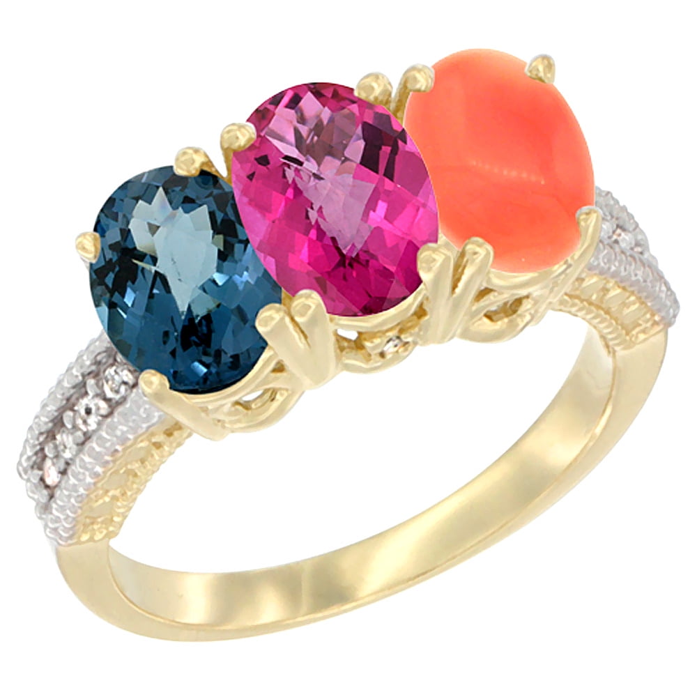 10K Yellow Gold Diamond Natural London Blue Topaz, Pink Topaz & Coral Ring 3-Stone Oval 7x5 mm, sizes 5 10 by WorldJewels