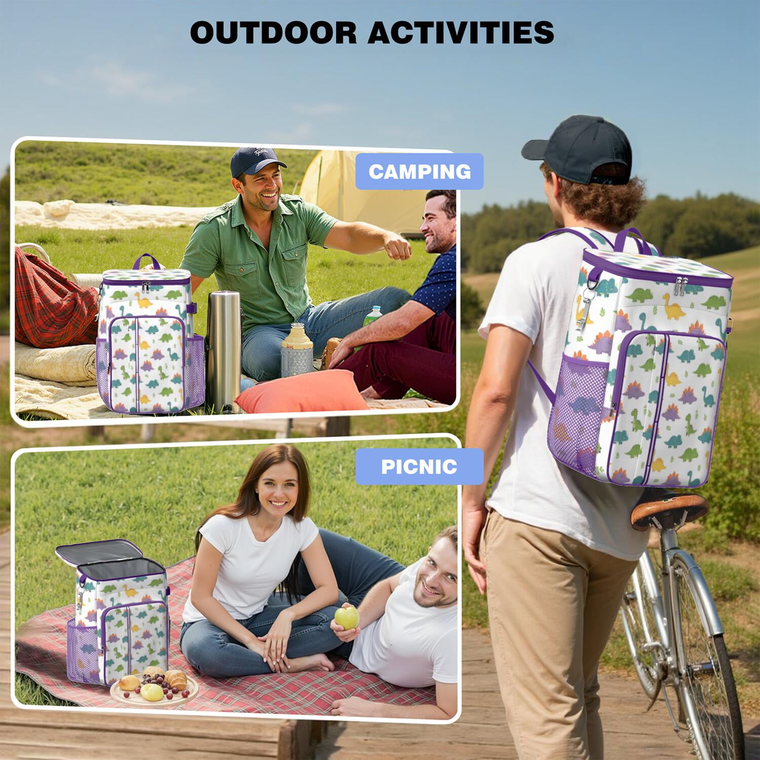 Travel Cooler Bag - White Cartoon Dinosaurs Leaves Pattern Camping Beer Cooler Backpack with Bottle Opener- Waterproof Insulated Picnic Backpacks - Cooler Bag for Beach