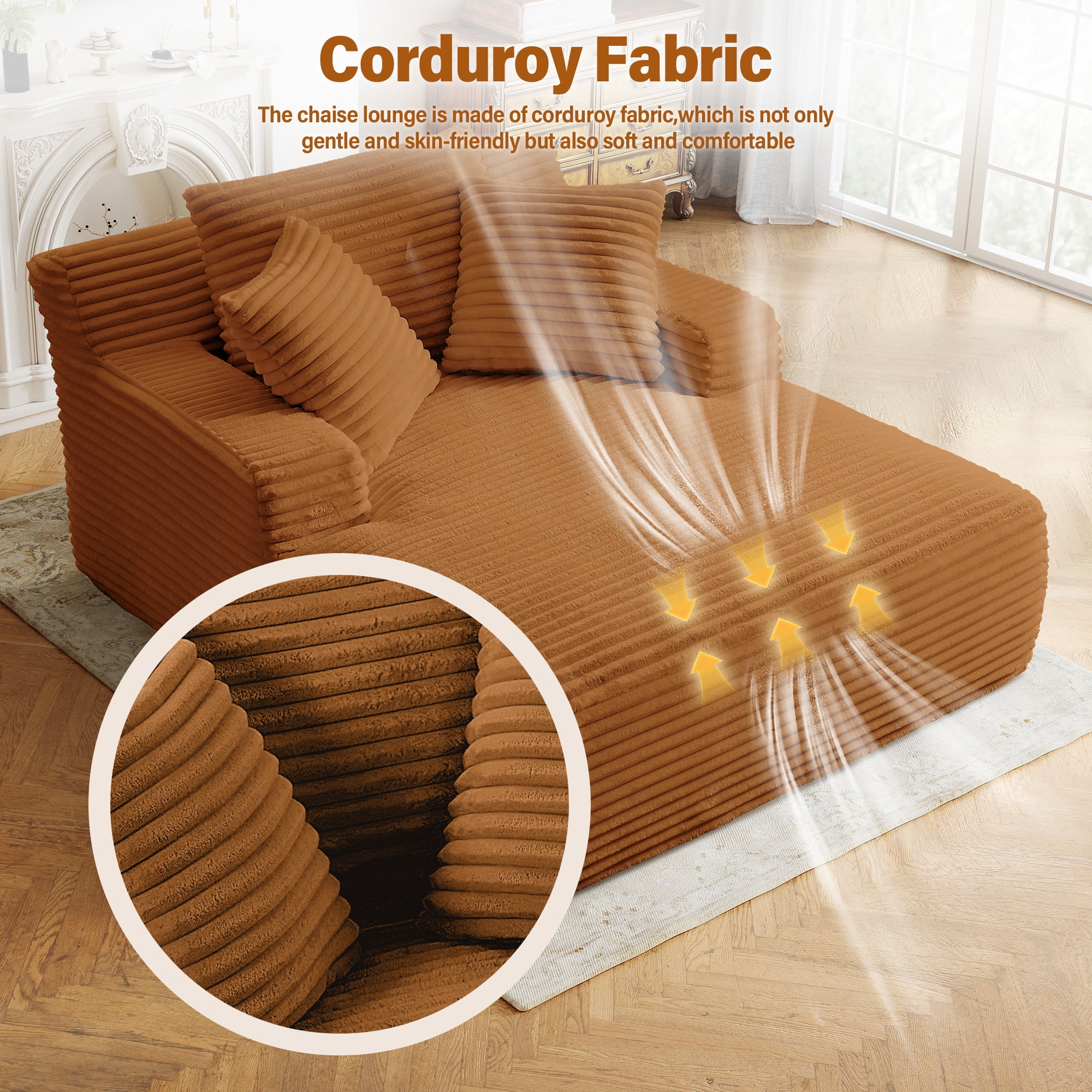 Aukfa Corduroy Chaise Lounge Chair, Oversized Indoor Lounger Floor Sofa Bed for Living Room, Bedroom, Small Space,Orange