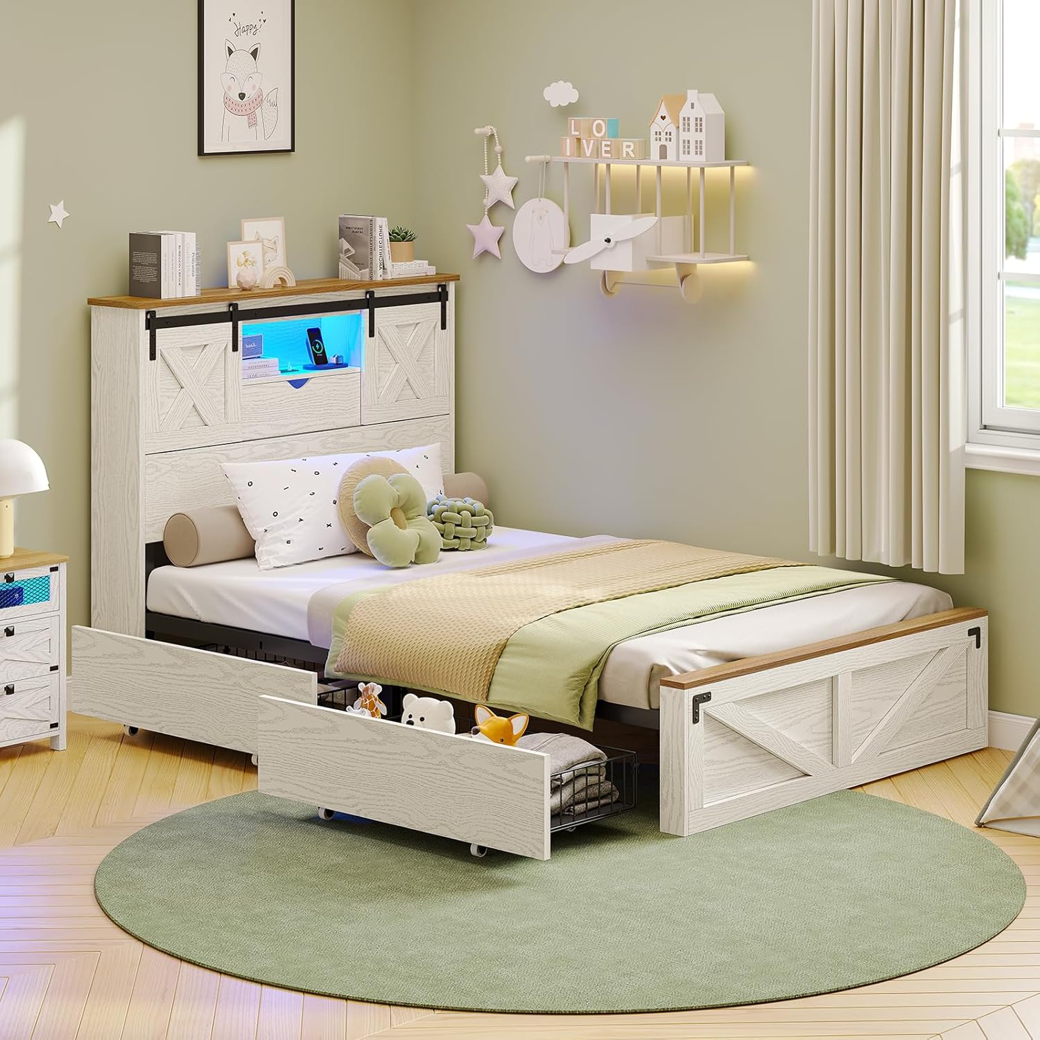 Farmhouse Twin XL Size Bed Frame with LED Lights, Charging Station, Wooden Twin XL Bed with Storage Bookcase Headboard, 2 Drawers, Country Rustic Bed Frame with Sliding Barn Door,White