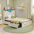 thumbnail image 2 of Farmhouse Twin XL Size Bed Frame with LED Lights, Charging Station, Wooden Twin XL Bed with Storage Bookcase Headboard, 2 Drawers, Country Rustic Bed Frame with Sliding Barn Door,White, 2 of 8