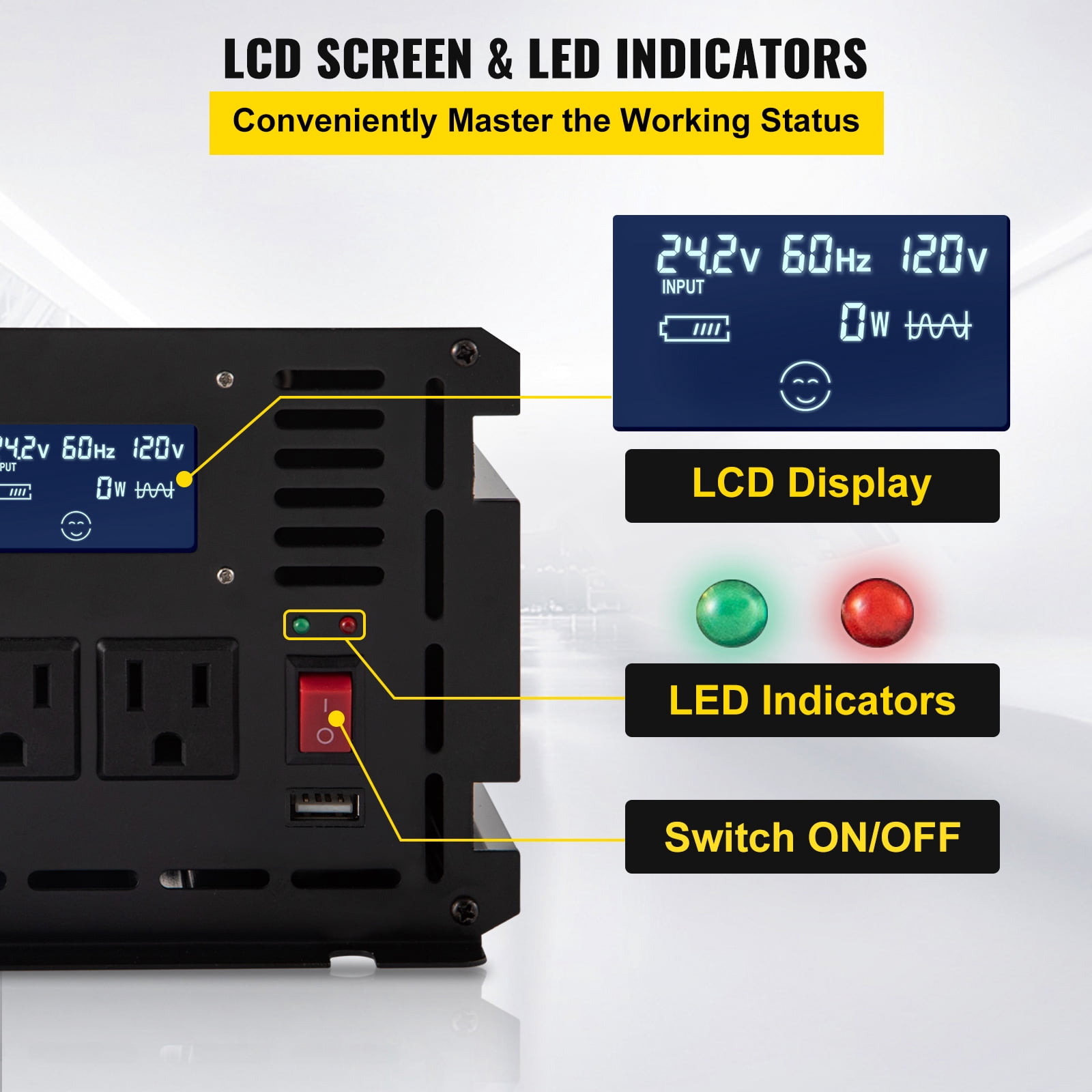 KFFKFF Energy Converter, 2000W Altered Sinusoidal Wave Converter, DC 12V to AC 120V Vehicle Transformer, featuring LCD Screen, Remote Control, LED Signal, AC Sockets Converter
