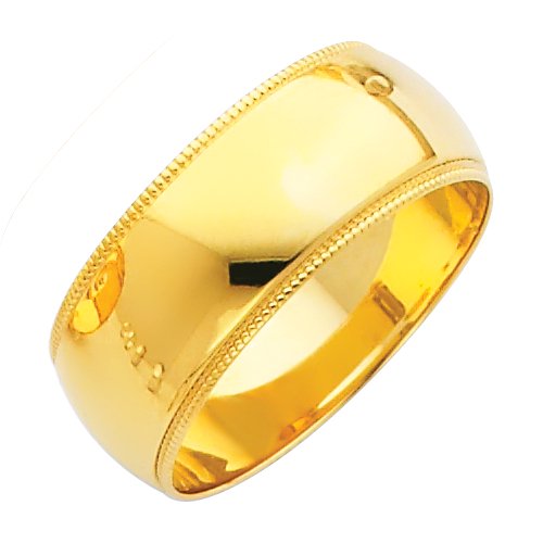 Milgrain Wedding Band Plain Ring Solid 14k Yellow Gold Heavy Polished Finish Regular Fit, 8 mm