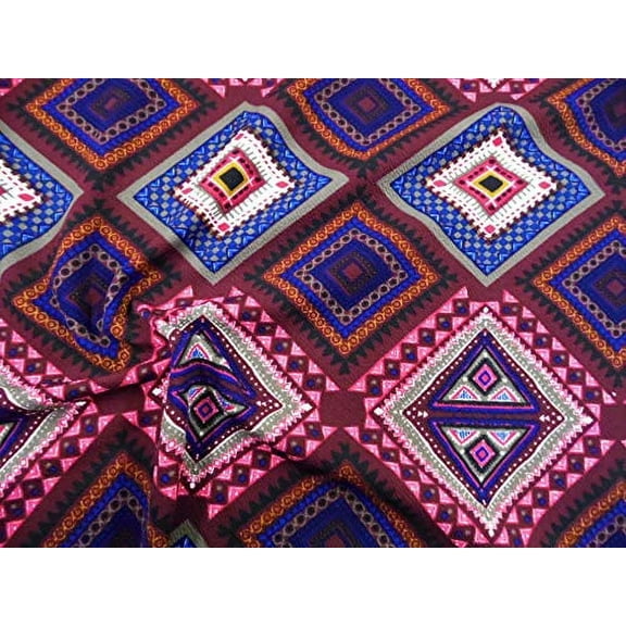 Printed Liverpool Textured Fabric 4 Way Stretch Burgundy Pink Blue Aztec I601