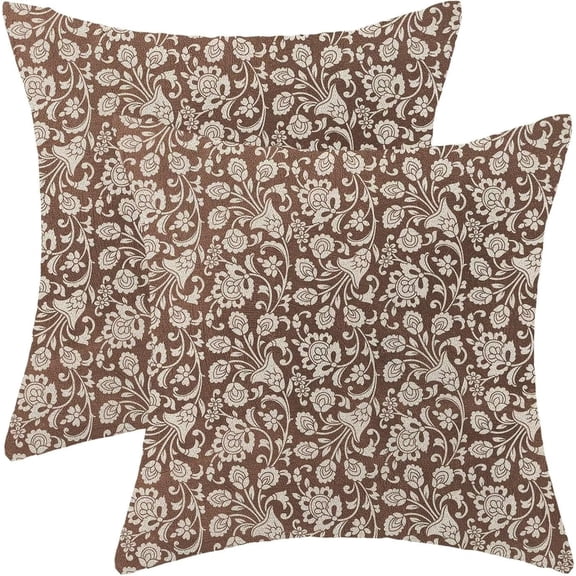 Block Print Paisley Floral Pillow Covers 18x18 Set of 2, Brown Neutral Decoration Throw Pillow Covers Floral Print Farmhouse Outdoor Linen Cushion Cover for Sofa Couch Living Room Bed
