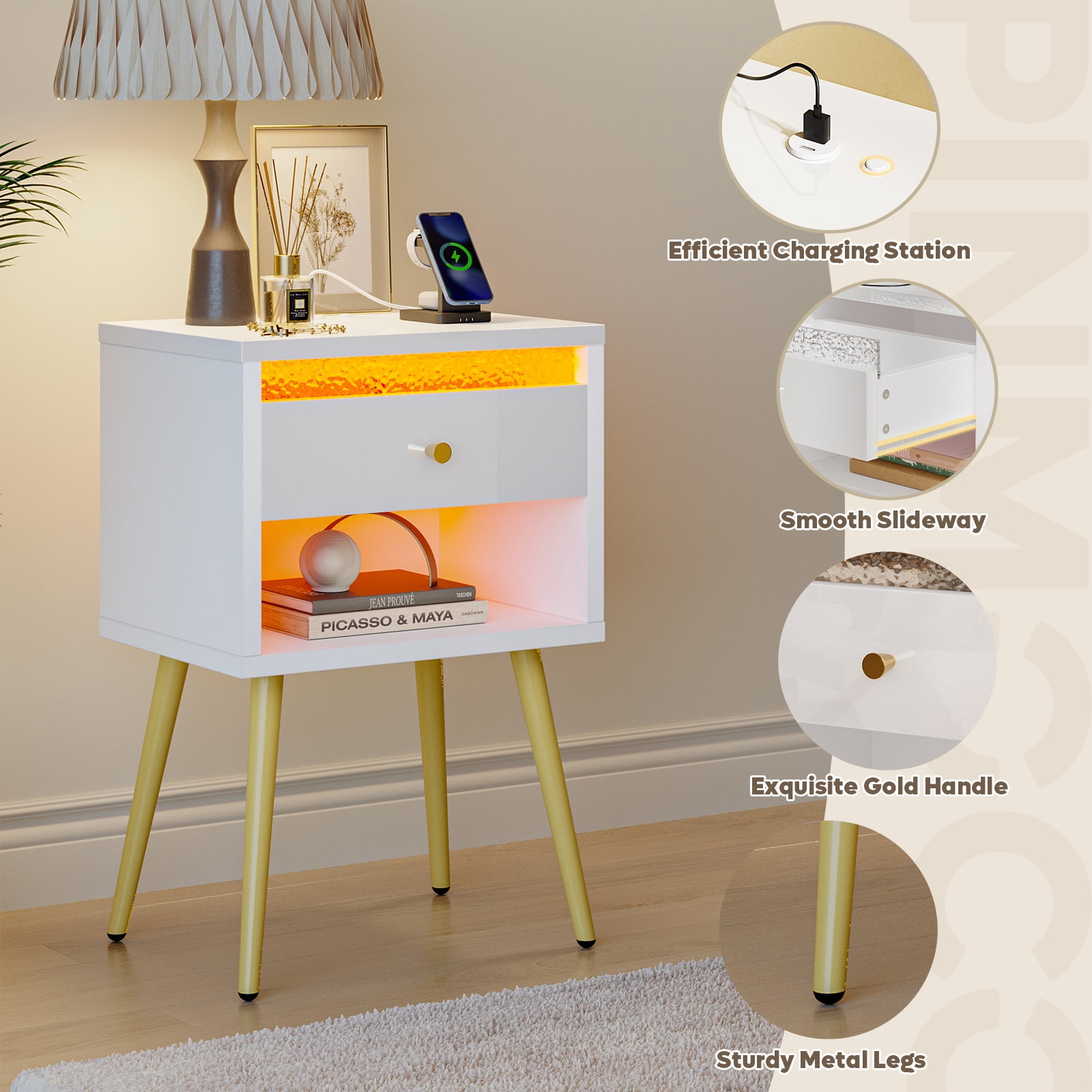 Pinmoco LED Nightstand with Charging Station, Modern End Side Table with Drawer and Open Storage for Bedroom, White