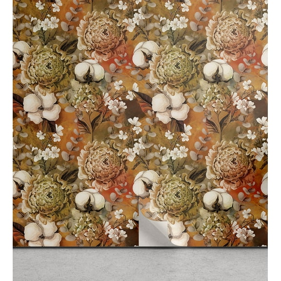 Ambesonne, Hydrangea Pattern Peel & Stick Wallpaper for Home, Floral Bohemian, 13"x36", Burnt Sienna and Off White