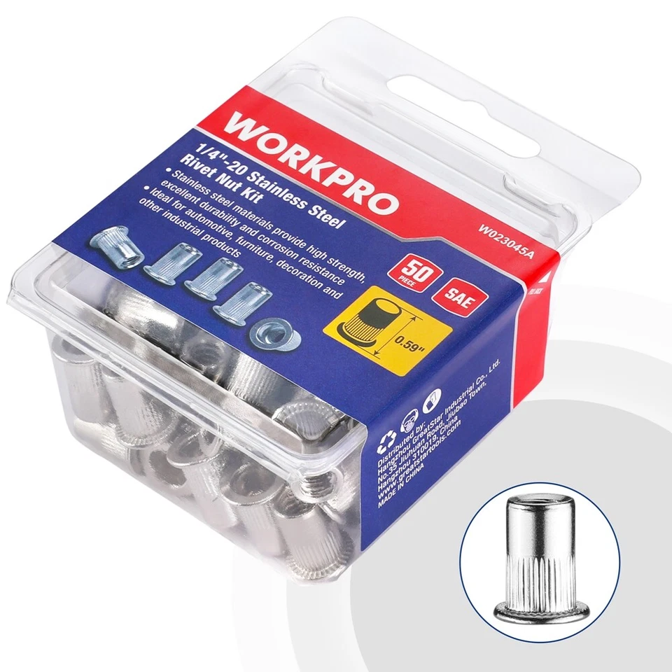 CIRCLE- Workpro 50Pc Rivet Nuts 1/4"-20 Flat Head Threaded Insert Stainless Steel Rivnut