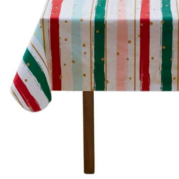 Serafina Home Holiday Christmas Holiday Stripes Vinyl Tablecloth with Flannel Backing: Tablecloth Reusable 52" x 70"