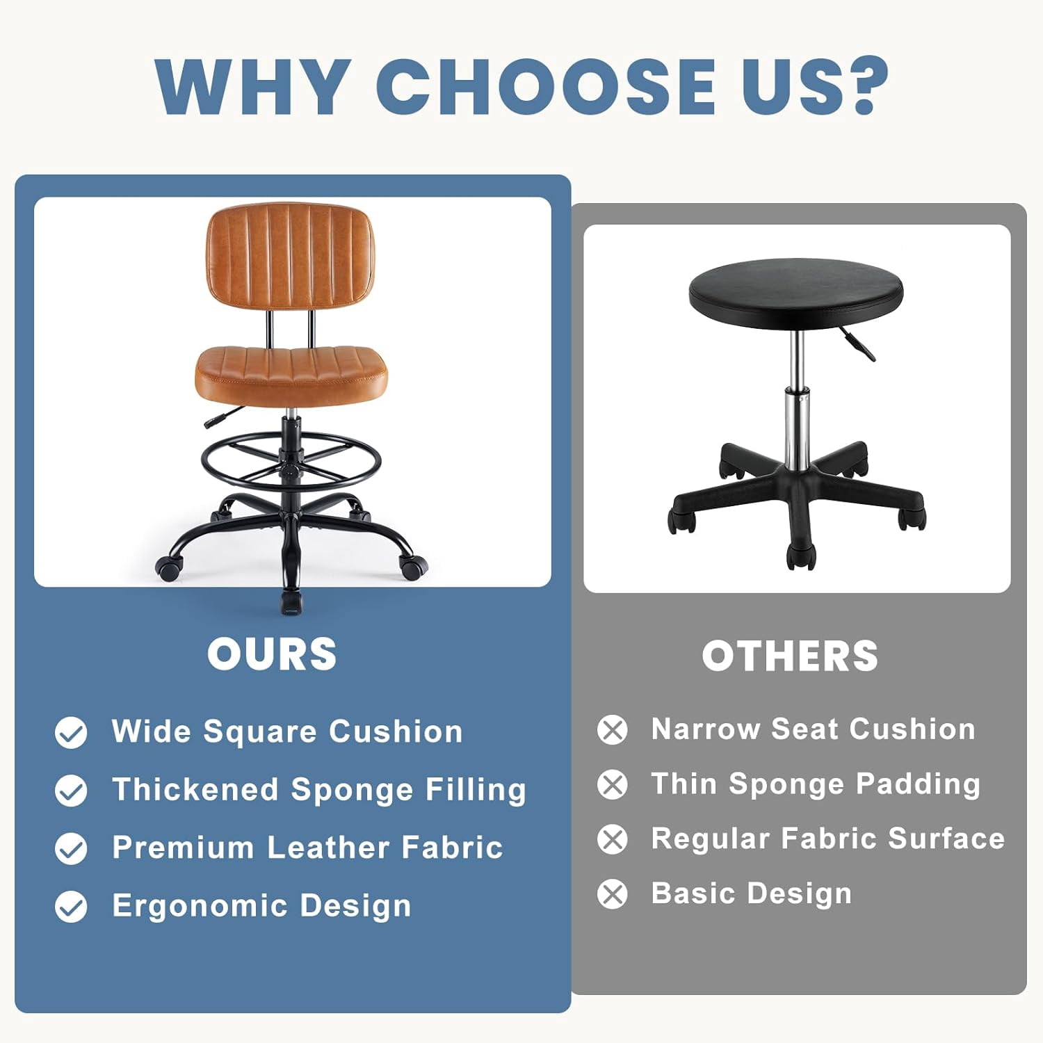 Drafting Chair with Adjustable Foot Ring, Tall Swivel Task Chair for Standing Desk, Armless Rolling Office Stool for Studio & Salon, Cream White