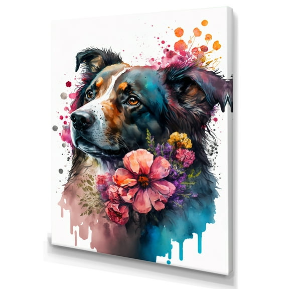 Designart Cute Dog Floral Art II Canvas Wall Art