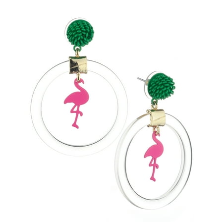Pewter Dangle Pierced Earrings - Women's Tropical Life Clear Hoop Dangle Pierced Earrings, Hot Pink Flamingo