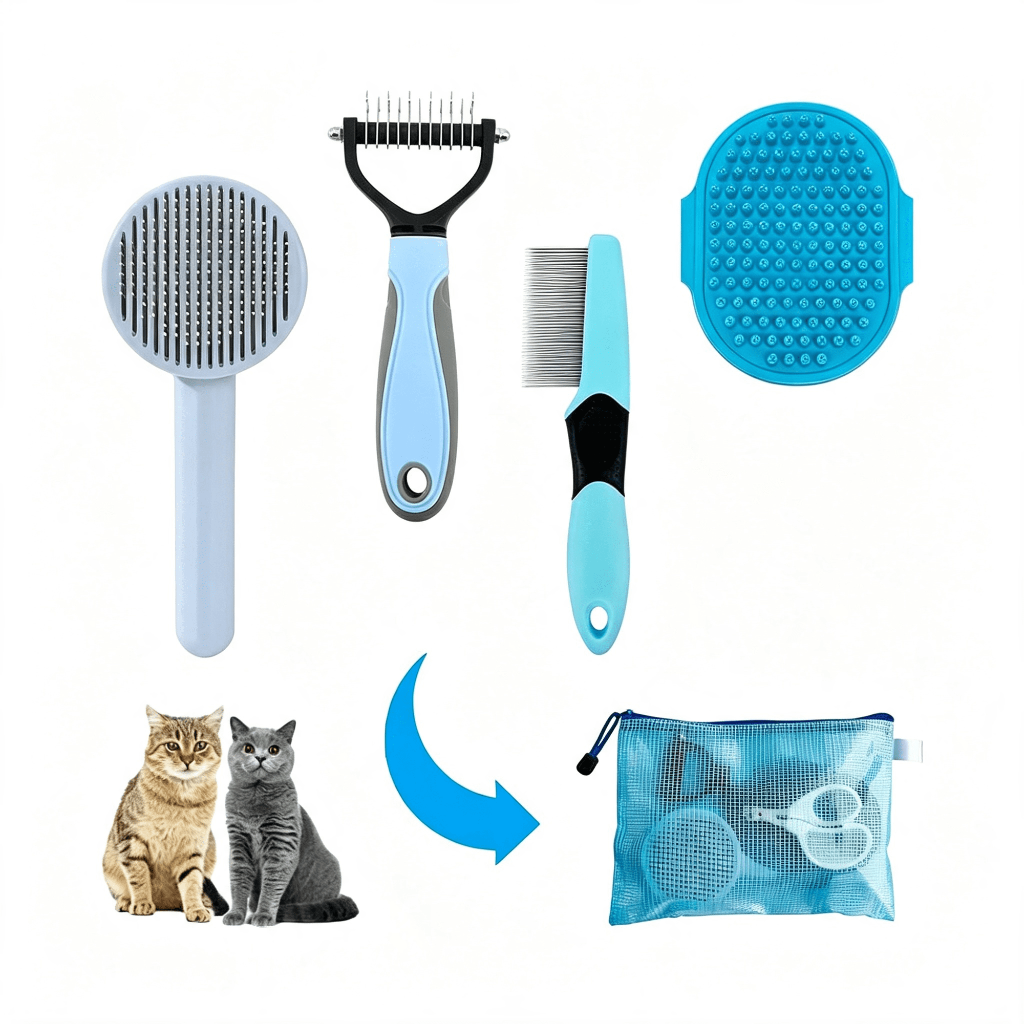 ACDANC Grooming Brush Kit - 5Pcs for Shedding & Matted Fur Self-Cleaning with Flea Comb for Indoor Long-Haired Cats Complete Cat Grooming Kit Blue