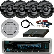 Kenwood KMRM325BT Single-DIN Digital Media Bluetooth Receiver (No CD), 4 x Kenwood 6.5" 2-Way 150W Marine Speakers (Black), 10" Woofer/Amplifier Combo Package, Amp Kit, Antenna