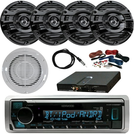 Kenwood KMRM325BT Single-DIN Digital Media Bluetooth Receiver (No CD), 4 x Kenwood 6.5" 2-Way 150W Marine Speakers (Black), 10" Woofer/Amplifier Combo Package, Amp Kit, Antenna