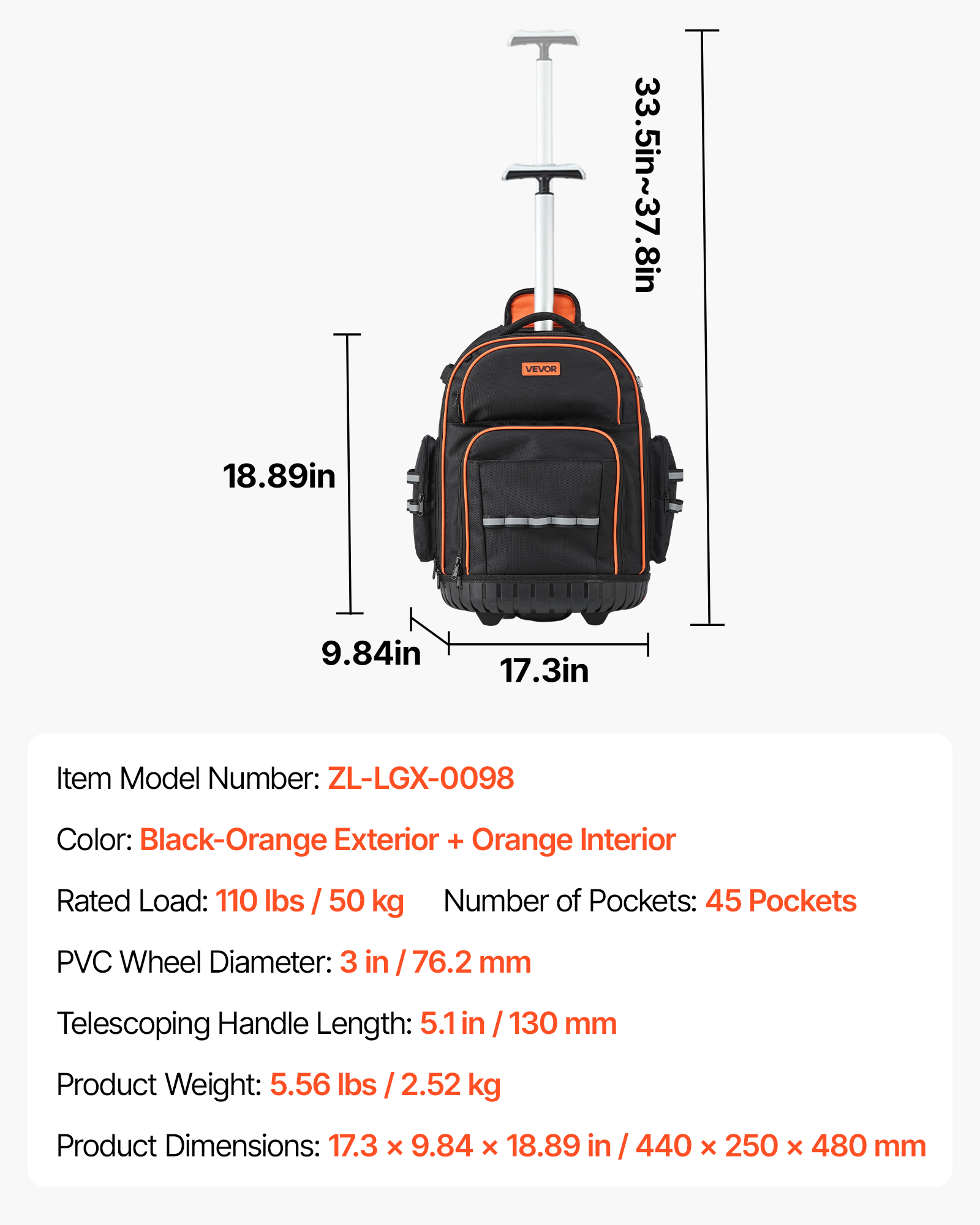VEVOR Rolling Tool Backpack, 110 lbs Load Capacity, 45 Pockets Heavy Duty Roller Tool Bag on Wheels, Adjustable Telescoping Handle & Stable Base, Toolbag Organizers for Construction, Mechanic