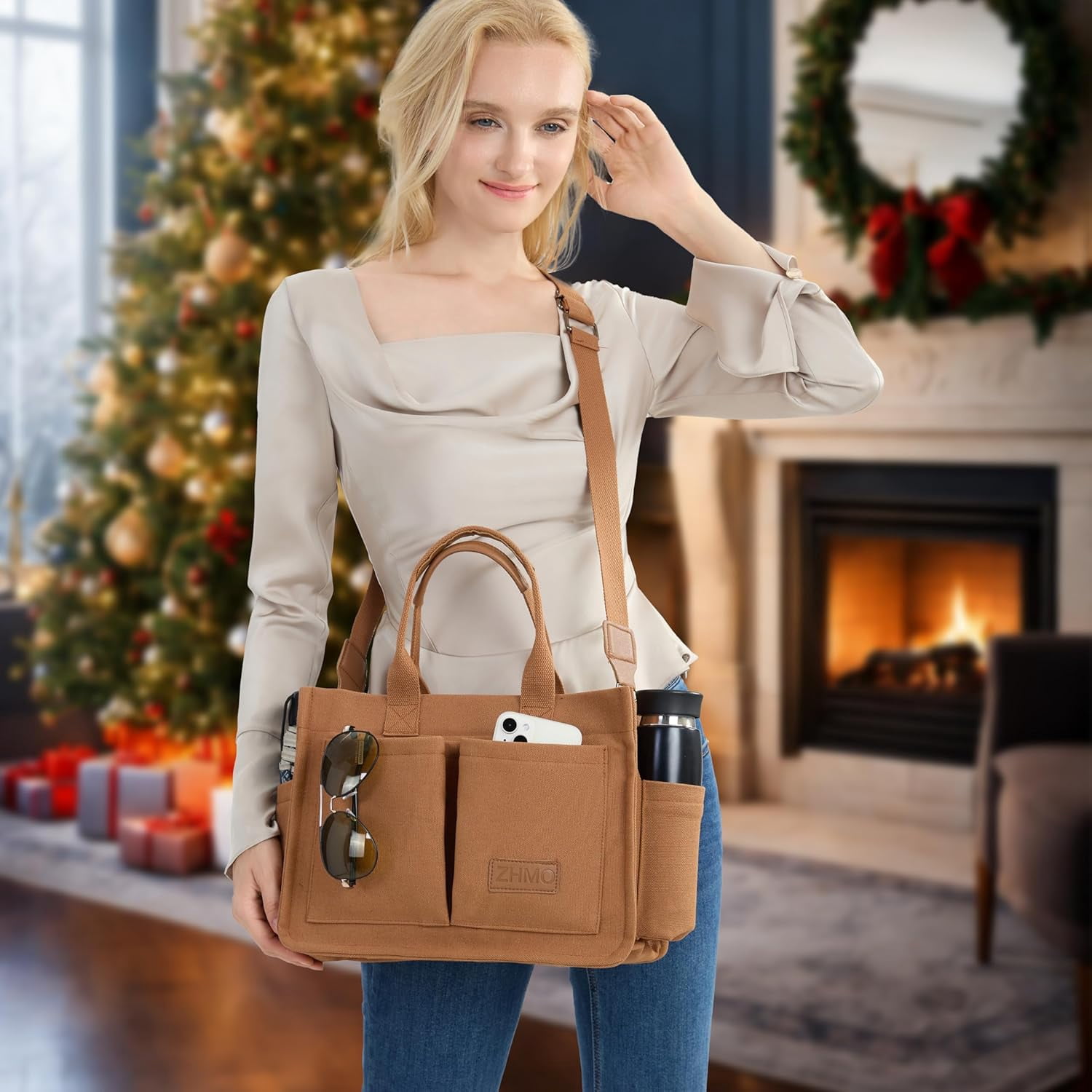 Large Canvas Tote Bag for Women With Pockets,Laptop Crossbody Purses Everything Everyday Bag Handbags for Work Beach Gym