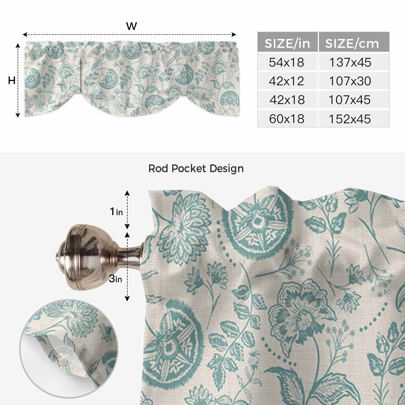 Farmhouse Turquoise Floral Tie Up Valances Curtain, Linen Boho Paisley Flower Rustic Adjustable Rod Pocket Short Window Treatment Tie Up Curtains Valances for Kitchen Living Room 54x18 In