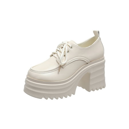 

Harsuny Ladies Leather Oxford Shoes Lace Up Dress Shoe Platform Loafers Uniform Fashion Non Slip Chunky Heel Beige 6.5