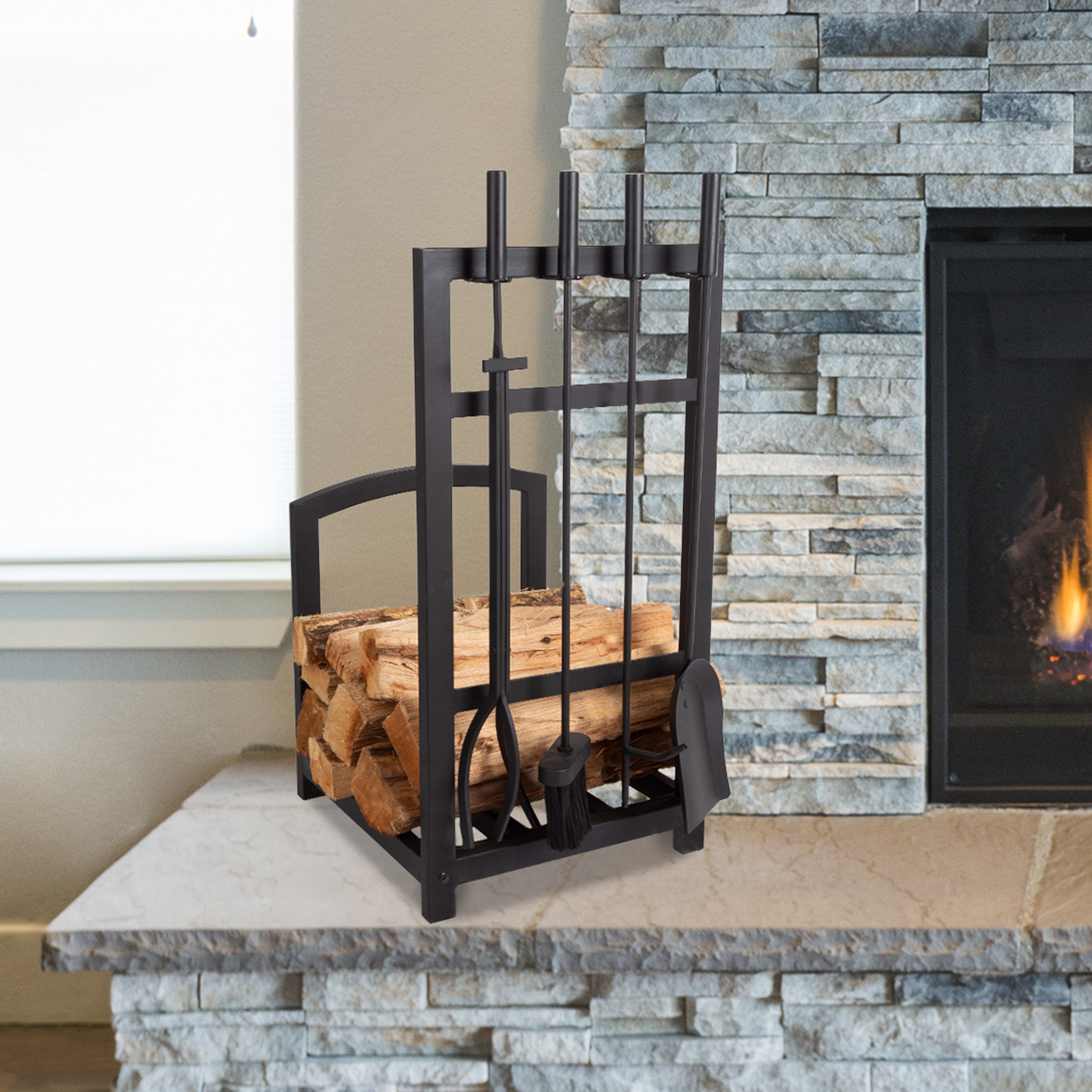 Somerset Home 5-Piece Modern Fireplace Tool Set and Log Rack (Matte Black)