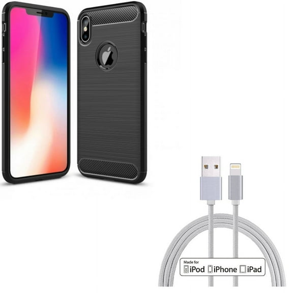 Carbon Fiber Case w 10ft MFi USB Cable for iPhone XS Max - Slim Fit Cover Reinforced Bumper Shock Absorbent Black and Certified Charger Cord Power Wire Braided