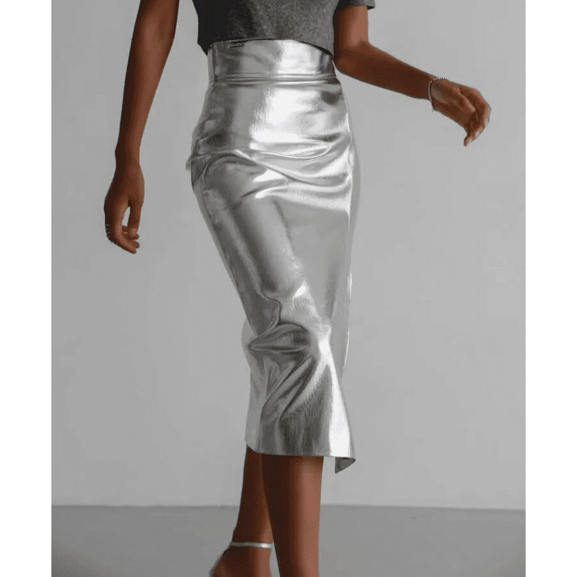 Printemps Automne Brillant Noir Argent Or Pu Jupe en Cuir Femmes avant Fente Taille Haute Long Vetements de Luxe Designer Walmart