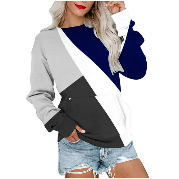 ShomPort Sweatshirt for Women Crewneck Long Sleeve Color Block Shirts Tunic Tops Fashion