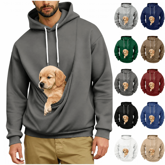 Zlsgbmv Mens Pet Pouch Hoodies Dog Holders Hooded Sweatshirts Big and Tall Pullover Comfy Animal Carrier Long Sleeve Winter Tops S-5XL