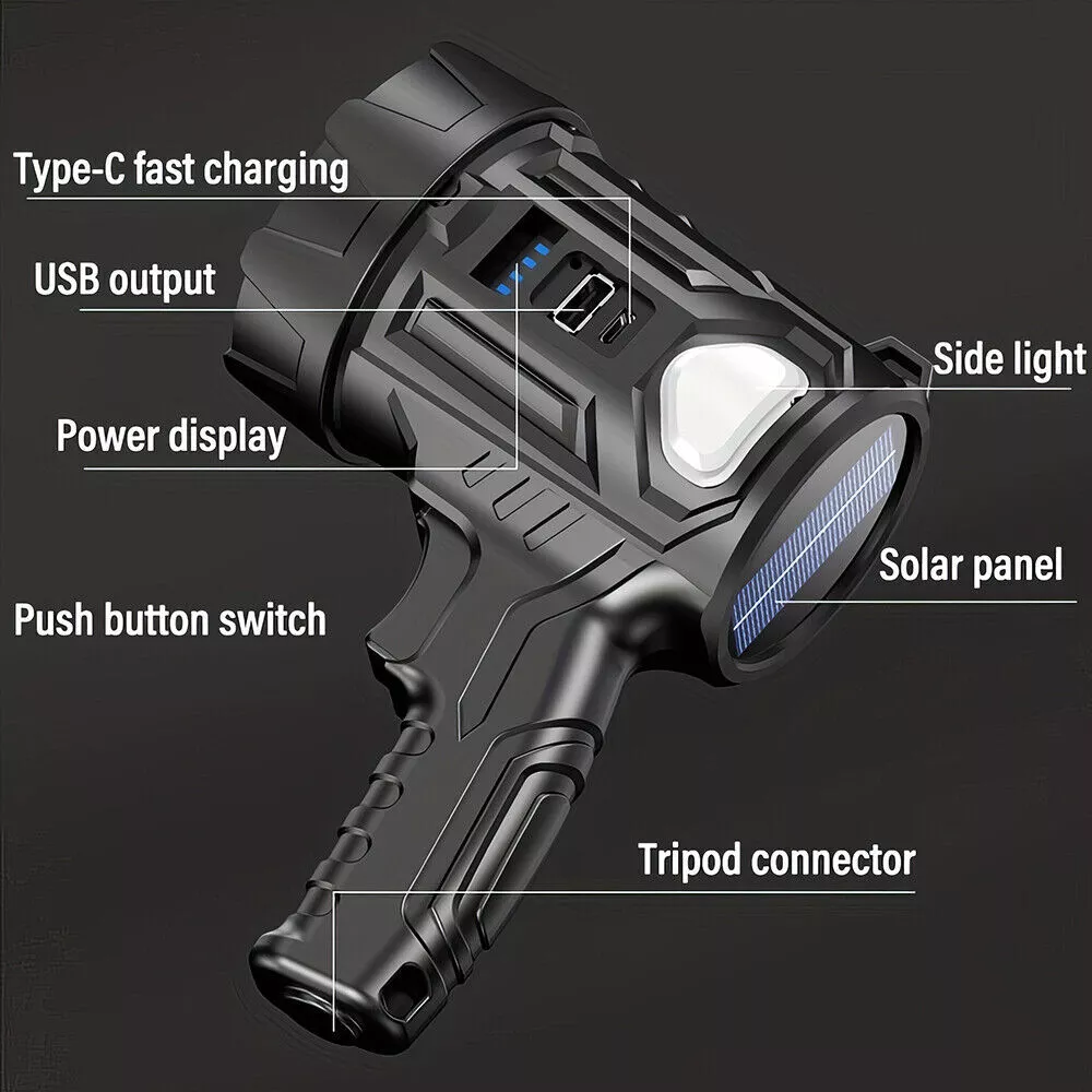 2PCS Solar/USB Super Bright Rechargeable LED Spotlight Flashlight Searchlight