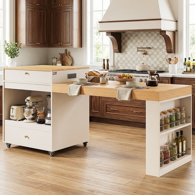 OMCHOM 80.7" Large Kitchen Island with Seating and Extendable Dining Table,Rolling Mobile Center Islands with Storage,Charging Station,2 Drawers 2 Side Open Shelves,White