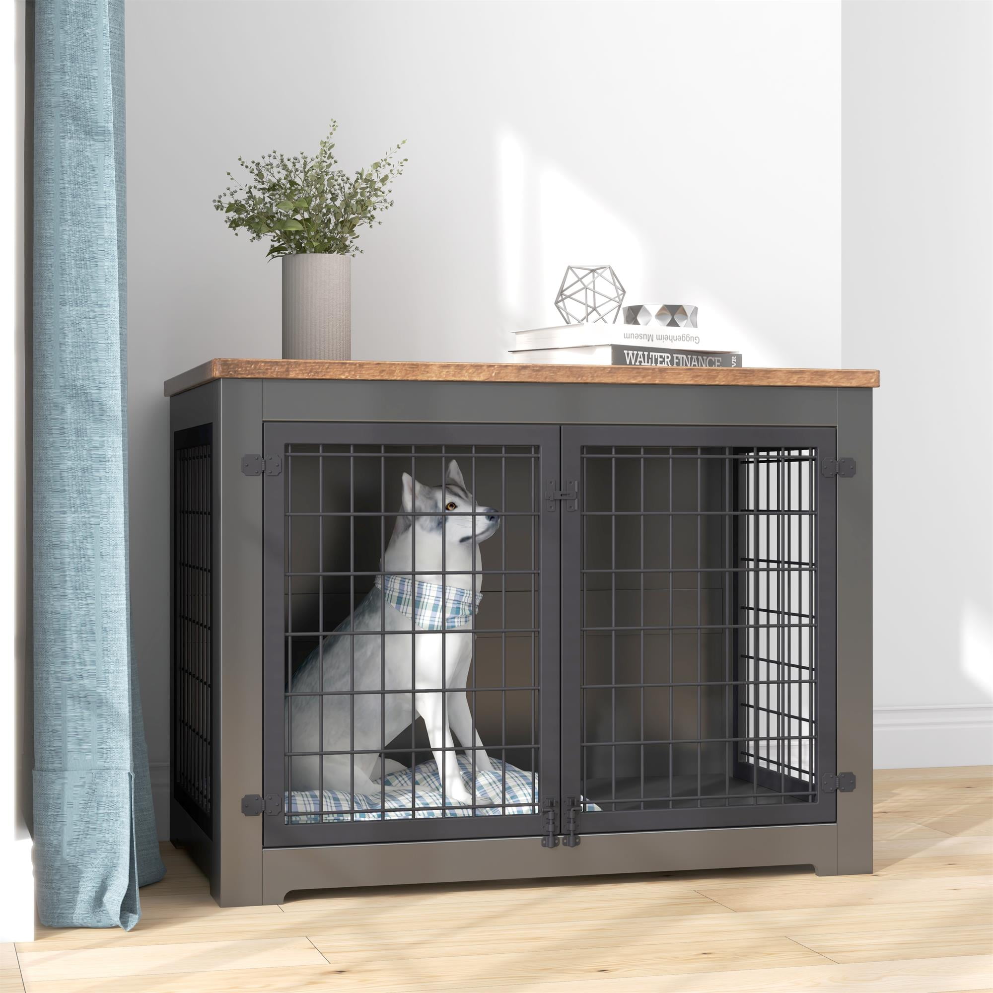 Pefilos 40" Dog Crate Furniture for Small Dogs with Door Lock and Double Doors, Wood Iron Fence Dog Cage for Indoor, Black Pefilos 40" Dog Crate Furniture for Small Dogs with Door Lock and Double Doors, Wood Iron Fence Dog Cage for Indoor, Black