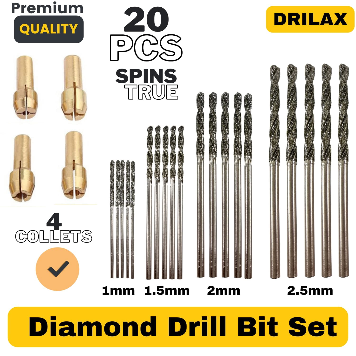 Drilax Diamond Drill Bits 1mm 1.5mm 2mm 2.5mm 20 Pieces Diamond Drill Bits for Glass Drill Bits
