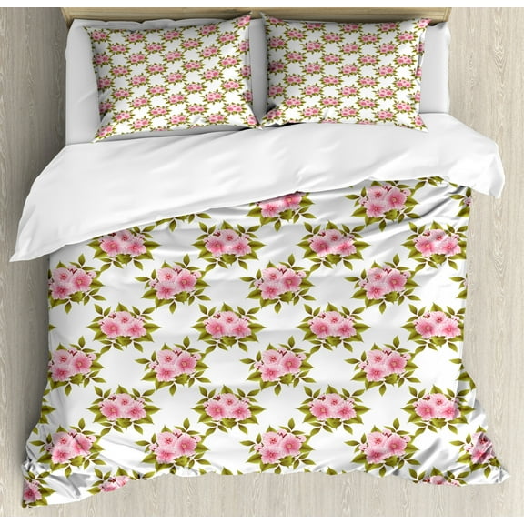 Japanese Duvet Cover Set Queen Size, Blossoming Sakura Flowers Coming of the Spring Nature Arrangement, Decorative 3 Piece Bedding Set with 2 Pillow Shams, Pale Pink Green and White, by Ambesonne