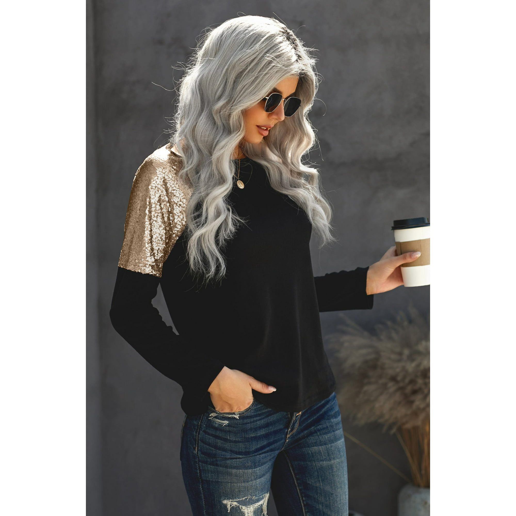 Women s Black Sequin Shoulder Long Sleeve Top