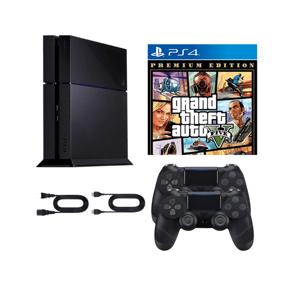 Sony PlayStation 4 (PS4) 1TB Console Bundle with Grand Theft Auto V & 2 RetroFam Wireless Controllers - Jet Black (Refurbished)